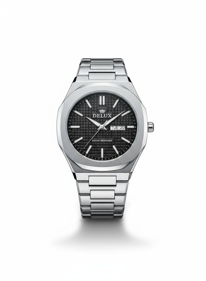 ديلوكس ساعة ديلوكس رجالية كوارتز من الفولاذ المقاوم للصدأ مع مينا أسود مزخرف وعرض التاريخ واليوم - Image 1